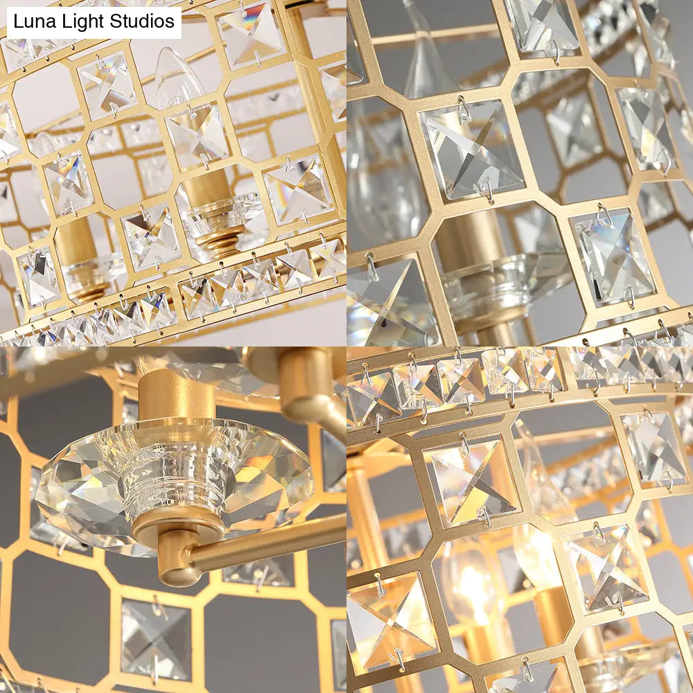 Gold Metal And Crystal Semi Flush Ceiling Light With 3/4/6 Lights Modern Drum Design In 3 Sizes