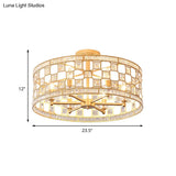 Gold Metal And Crystal Semi Flush Ceiling Light With 3/4/6 Lights Modern Drum Design In 3 Sizes