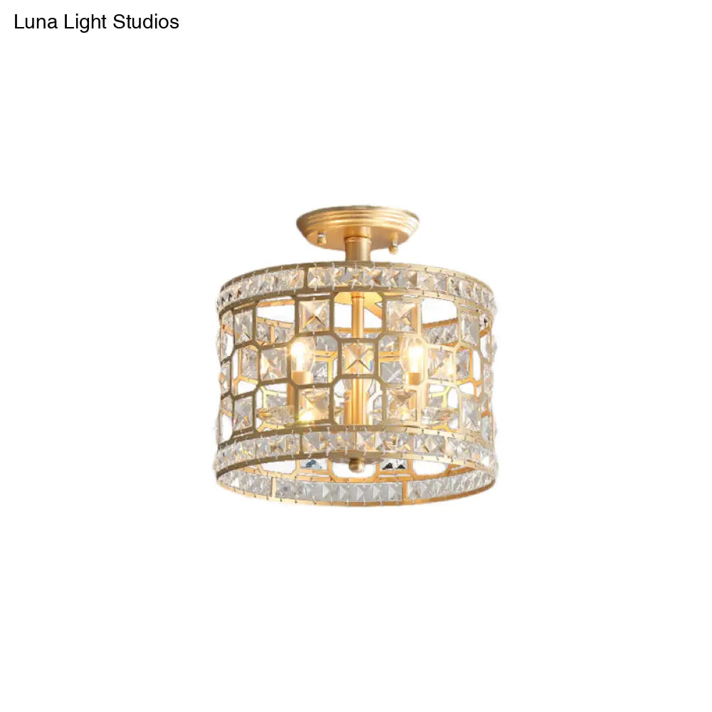 Gold Metal And Crystal Semi Flush Ceiling Light With 3/4/6 Lights Modern Drum Design In 3 Sizes