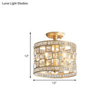 Gold Metal And Crystal Semi Flush Ceiling Light With 3/4/6 Lights Modern Drum Design In 3 Sizes