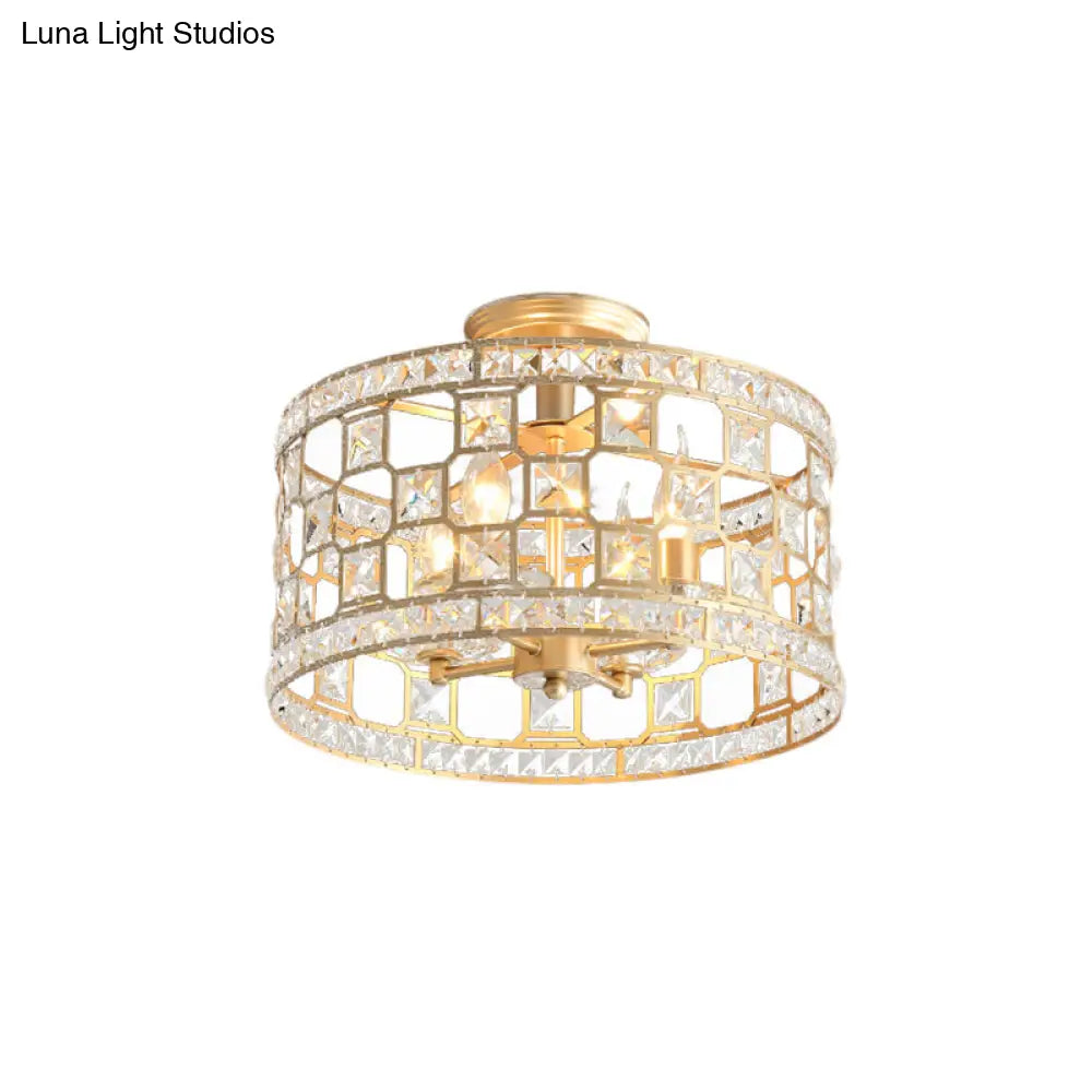Gold Metal And Crystal Semi Flush Ceiling Light With 3/4/6 Lights Modern Drum Design In 3 Sizes