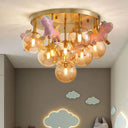 Gold Metal Cartoon Pony Semi - Flush Mount Lamp With Amber Glass Shades - 9 Head Macaron Ceiling