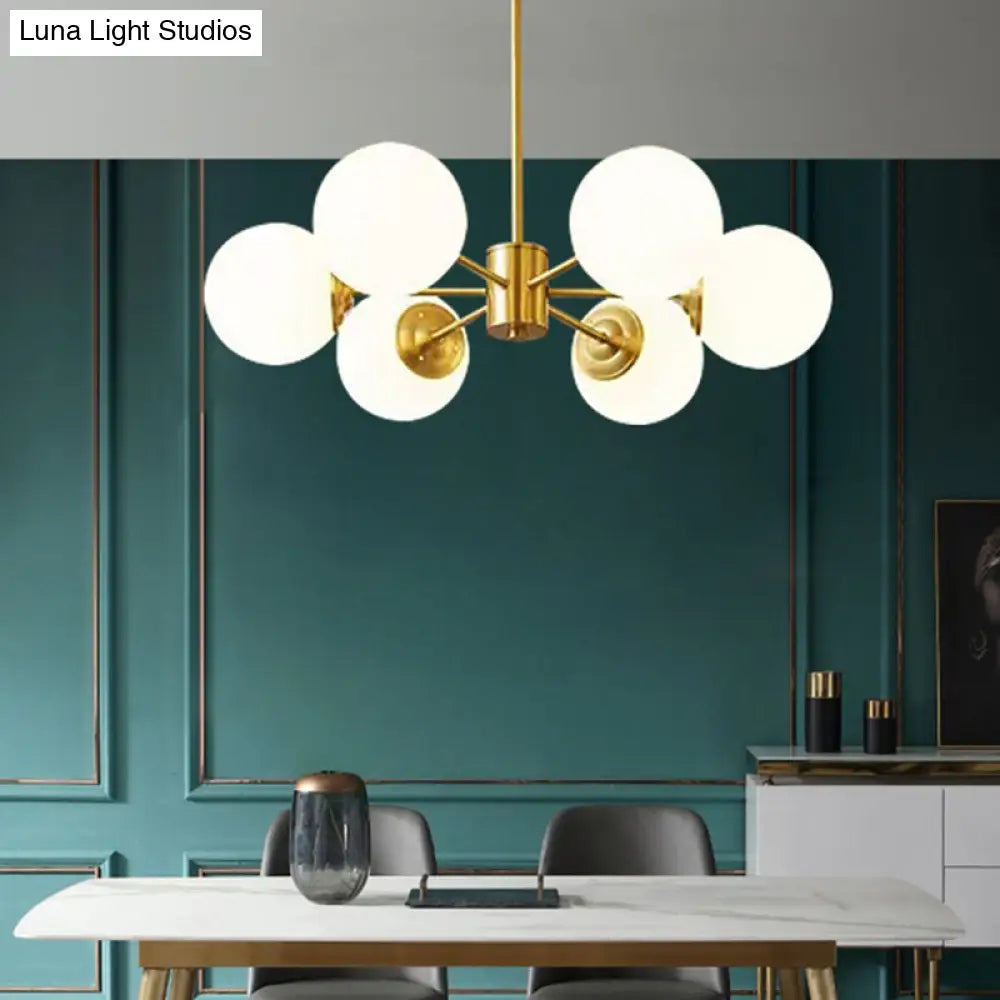 Gold Metal Hanging Chandelier With Opal Glass Shade For Bedroom