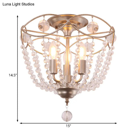Gold Metal Semi Flush Ceiling Light With Crystal Strand - Traditional Hallway Lighting 3 Bulbs