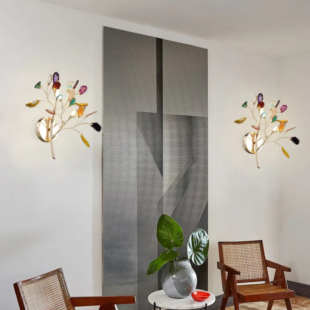 Gold Metallic Branch Sconce Light With Colored Crystal Deco - 2 Lodge Style Wall Lights