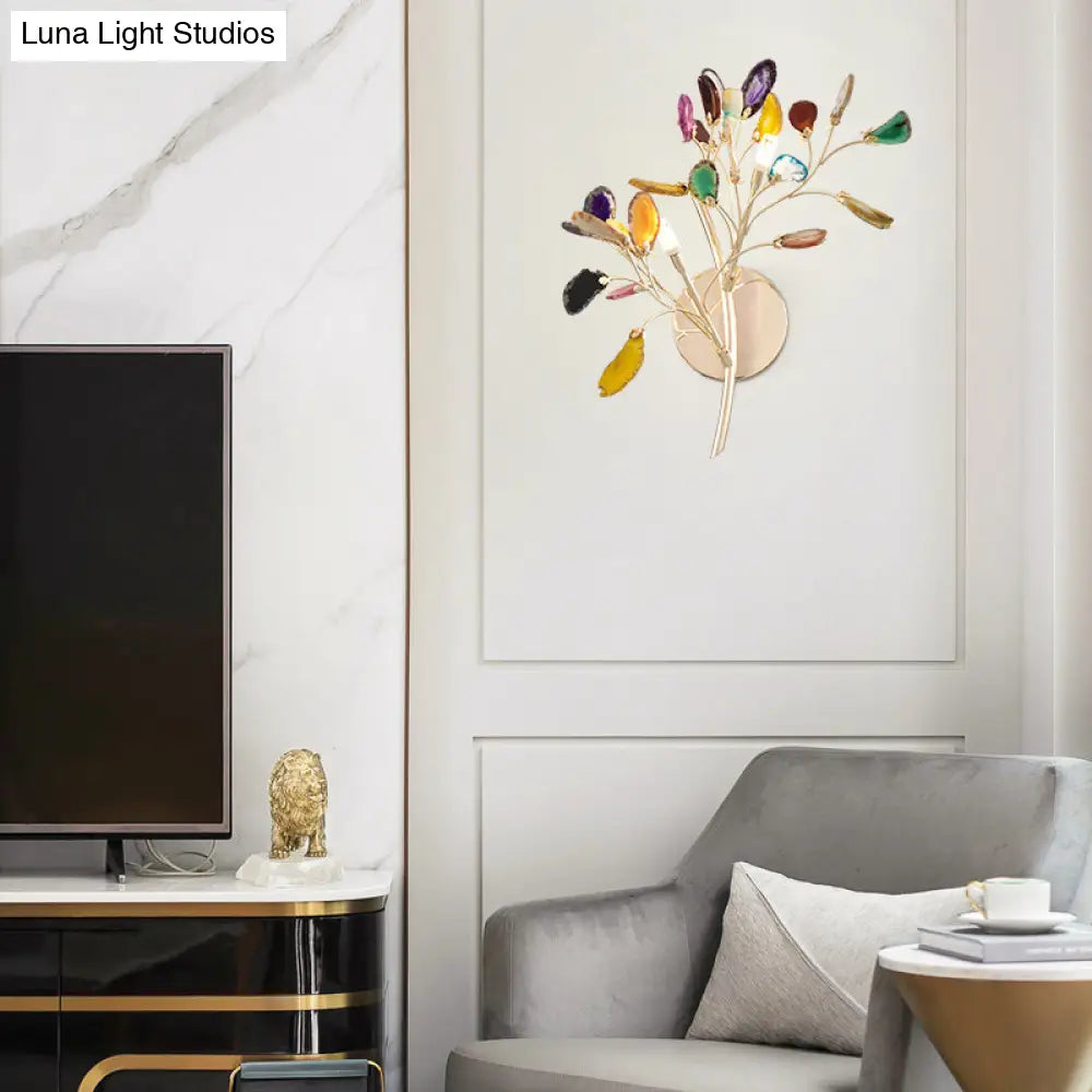 Gold Metallic Branch Sconce Light With Colored Crystal Deco - 2 Lodge Style Wall Lights