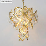 Gold Mid Century Crisscross Chandelier With 4 Faceted Crystal Pendant Lights