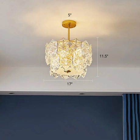 Gold Minimalist Chandelier With Crystal Hexagonal Shade - Living Room Ceiling Suspension Lamp / 17’