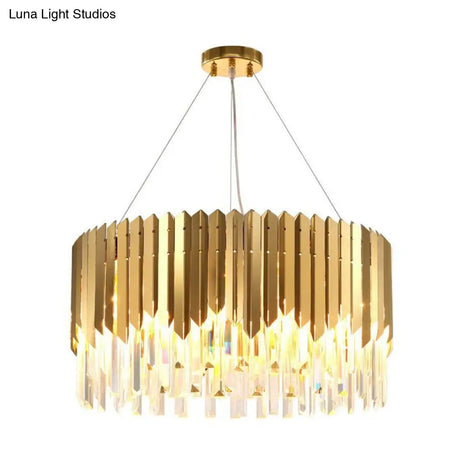 Gold Pendant Chandelier With Tri-Sided Crystal Rod Drum - Postmodern Design 6 Heads Hanging Light