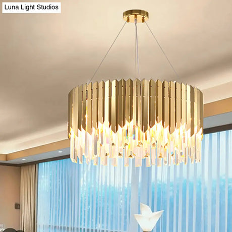 Gold Pendant Chandelier With Tri-Sided Crystal Rod Drum - Postmodern Design 6 Heads Hanging Light