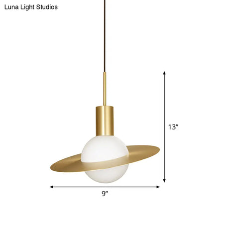 Gold Planetoid Hanging Light - Postmodern Opaline Glass Pendant For Table