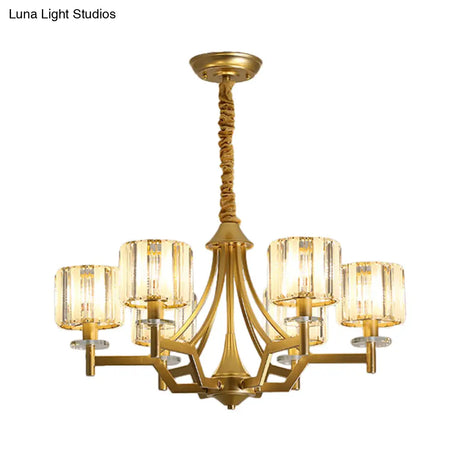 Gold Prismatic Crystal Cylinder Chandelier Lamp With 3/6 Bulbs - Postmodern Hanging Light