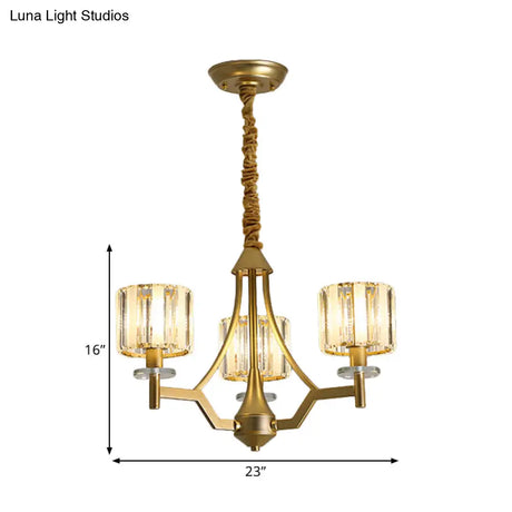 Gold Prismatic Crystal Cylinder Chandelier Lamp With 3/6 Bulbs - Postmodern Hanging Light