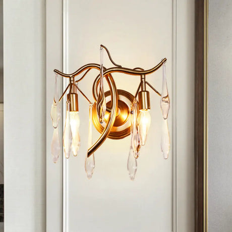 Gold Raindrop Wall Mount With Crystal Drop Shade - Retro 2-Head Lighting Solution