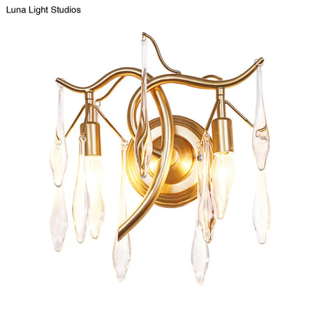 Gold Raindrop Wall Mount With Crystal Drop Shade - Retro 2-Head Lighting Solution