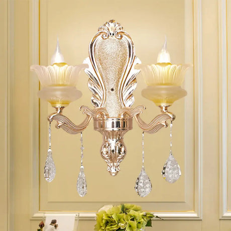 Gold Ribbed Glass Flower Sconce Lamp With 2 Lights For Mid-Century Indoor Wall Lighting