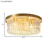 Gold Round Bedroom Flush Mount Lamp 4/5 Clear Crystal Prisms 16’/19.5’ Wide