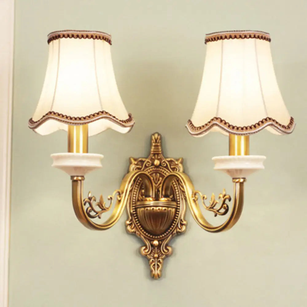 Gold Scalloped/Tapered/Curved Wall Mounted Bedside Light With Fabric/White Glass Shade 2 / A