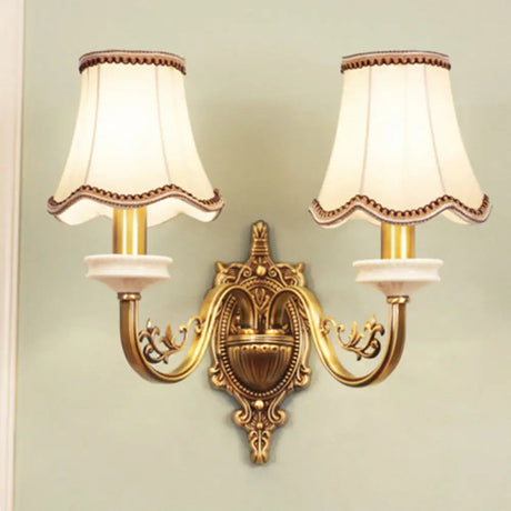 Gold Scalloped/Tapered/Curved Wall Mounted Bedside Light With Fabric/White Glass Shade 2 / A