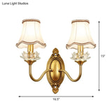 Gold Scalloped/Tapered/Curved Wall Mounted Bedside Light With Fabric/White Glass Shade