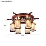 Gold Semi Flush Mount Light With Clear Crackle Glass And Wood Rudder Design - 6 Lights