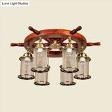 Gold Semi Flush Mount Light With Clear Crackle Glass And Wood Rudder Design - 6 Lights