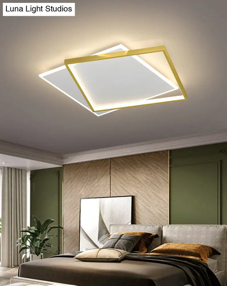 Gold Square Led Flush Mount Light Fixture - Minimalist Bedroom Ceiling Lamp