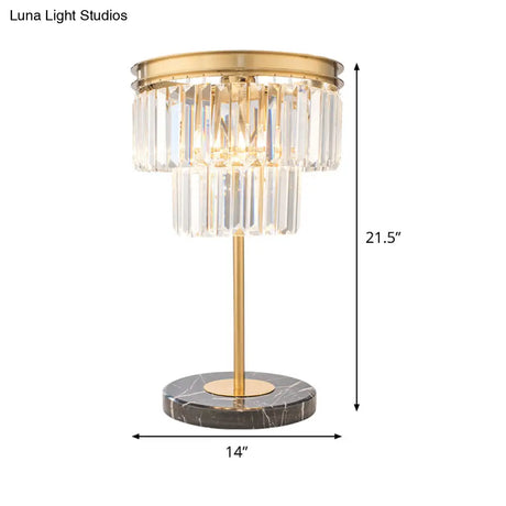 Gold Study Lamp With Clear Crystal Cylinder Design 3-Bulb Modern Reading Light On Marble Base
