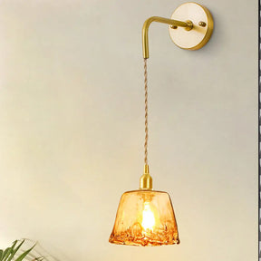Gold Tan Glass 1-Light Wall Sconce Fixture Colonial Cone/Trapezoid/Flat Design For Living Room Cord