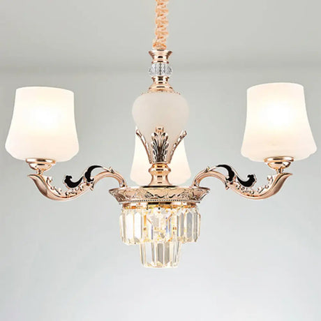 Gold Tapered Chandelier Lamp: Elegant Pendulum Light With White Frosted Glass Shade For Living Room