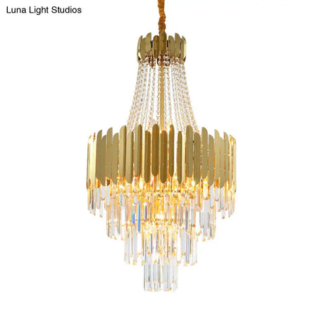 Gold Tiered Crystal Chandelier Lamp With 10 Bulbs – Elegant Simplicity And Cone Design