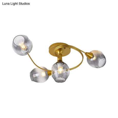 Gold Twist Arm Glass Study Room Ceiling Light - Modern Semi Flushmount In Smoke Gray