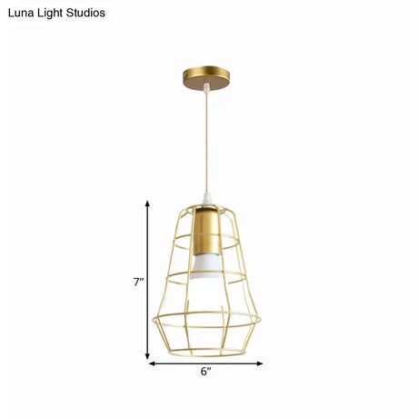 Gold Wire Cage Pendant Light - Retro Industrial Iron Hanging Lamp With Shade For Coffee Shop