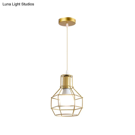 Gold Wire Cage Pendant Light - Retro Industrial Iron Hanging Lamp With Shade For Coffee Shop