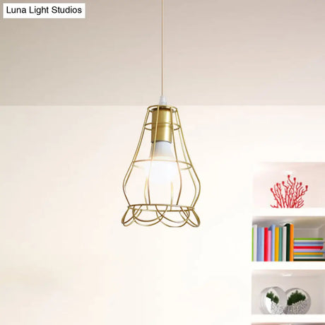 Gold Wire Cage Pendant Light - Retro Industrial Iron Hanging Lamp With Shade For Coffee Shop