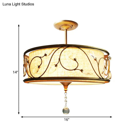 Golden 3-Light Semi Flush Lamp - Traditional Metal Ceiling Light With Crystal Element 14’/16’ Dia