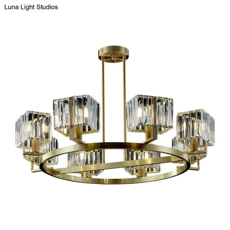 Golden Crystal Rectangle Pendant Chandelier - Sleek Dining Room Lighting Fixture With 4/8/10 Bulbs