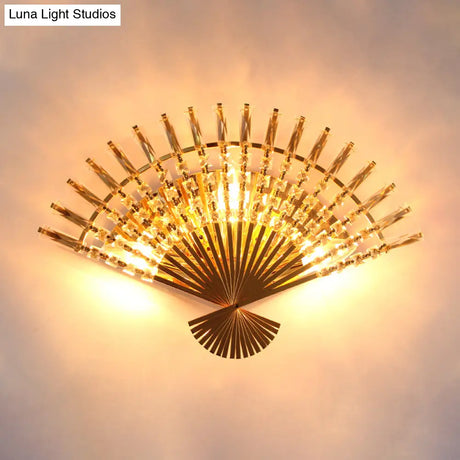 Golden Fan Sconce Lamp: Vintage Style With 3 Lights Clear Crystal Decoration