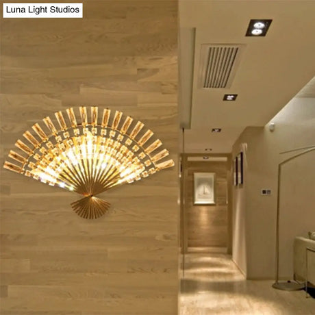 Golden Fan Sconce Lamp: Vintage Style With 3 Lights Clear Crystal Decoration