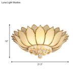 Golden Lotus Flush Mount Light - Traditional Glass Ceiling Lamp With Crystal Drop