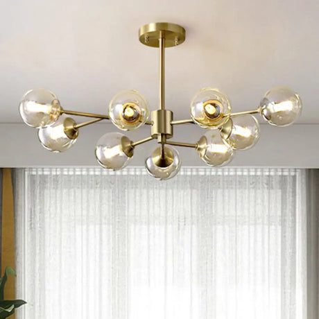 Golden Metal Chandelier With Amber Glass Shade - Modern Hanging Ceiling Light 9 / Gold