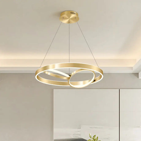 Golden Metallic Led Chandelier Light For Dining Room - Simplicity 3-Ring Ceiling Hang Fixture