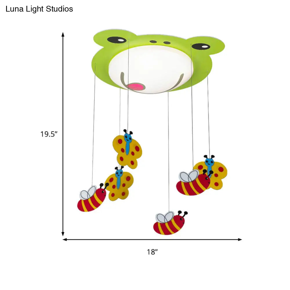 Green Acrylic Fog Flush Mount Light - Butterfly & Bee Cartoon Ceiling Lamp For Baby Bedroom