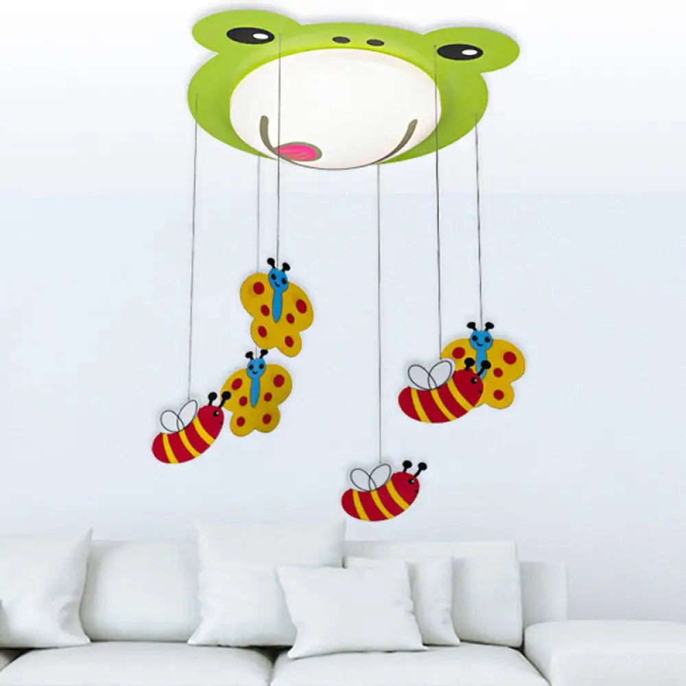 Green Acrylic Fog Flush Mount Light - Butterfly & Bee Cartoon Ceiling Lamp For Baby Bedroom