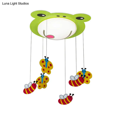 Green Acrylic Fog Flush Mount Light - Butterfly & Bee Cartoon Ceiling Lamp For Baby Bedroom