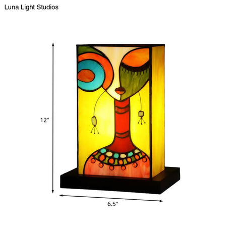 Green Baroque Rectangle Night Lamp With Hand-Cut Glass: Abstract Woman Pattern