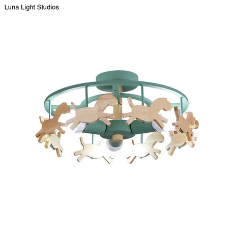 Green Macaron Merry - Go - Round Ceiling Light - Metal And Wood 3 Lights Semi Flush For Dining Room