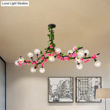 Green Metal Ceiling Mounted Dining Room Lighting With 15 Heads And Red/Pink Flower Vine