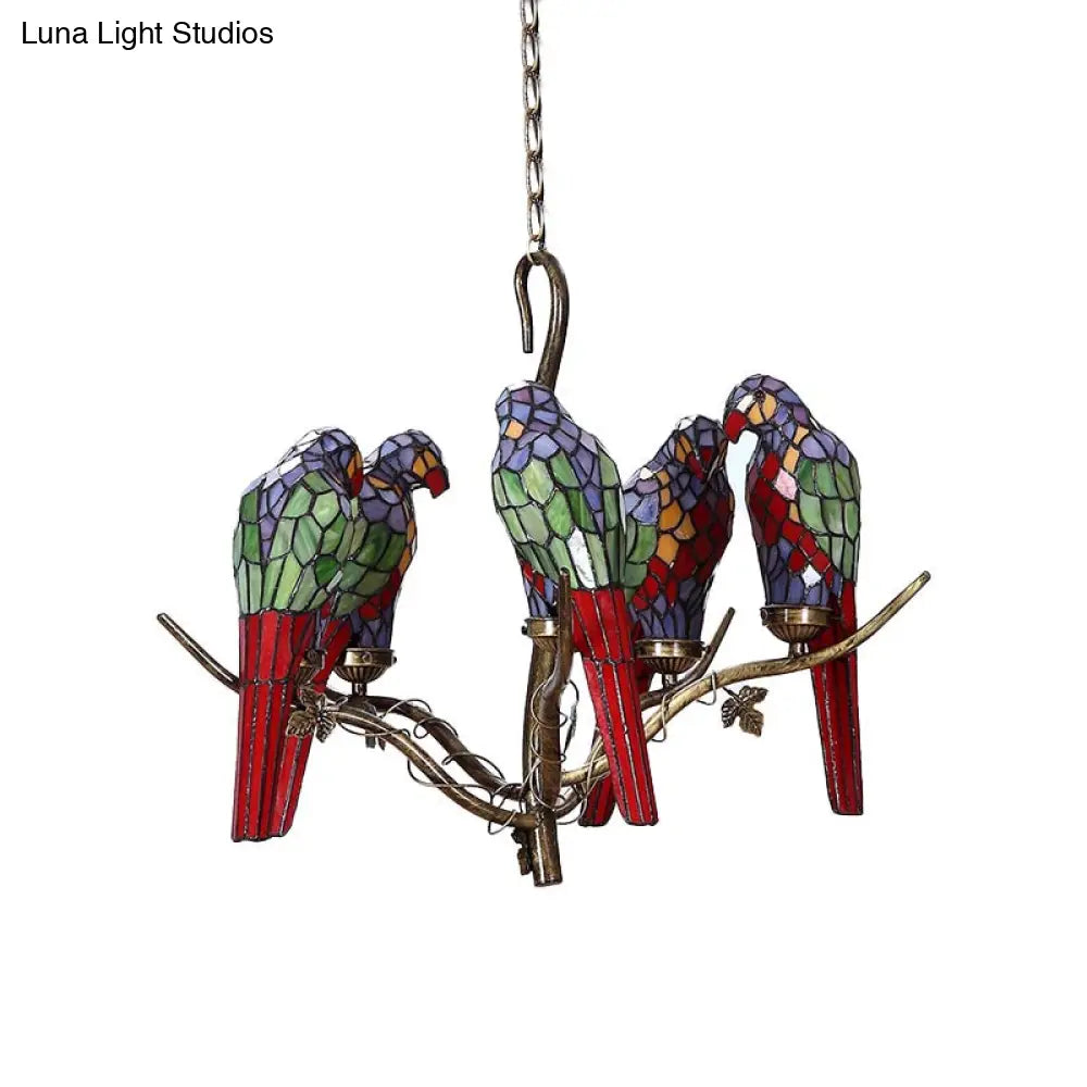 Green Parrot Chandelier - 5-Light Cut Glass Suspension Lamp For Living Room
