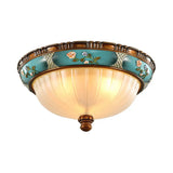 Green Retro Ribbed Glass Flush Mount Ceiling Light With Hemispherical Embossed Flower Design - 15/19
